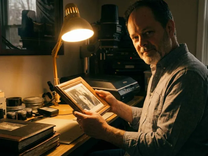 Dave Phillips holding a restored family photo in his Colwood workshop